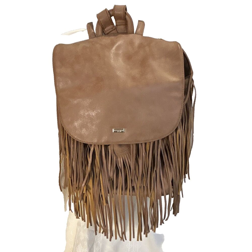Expressions NYC Brown Faux Suede Fringe Backpack Western Boho Rucksack Bag